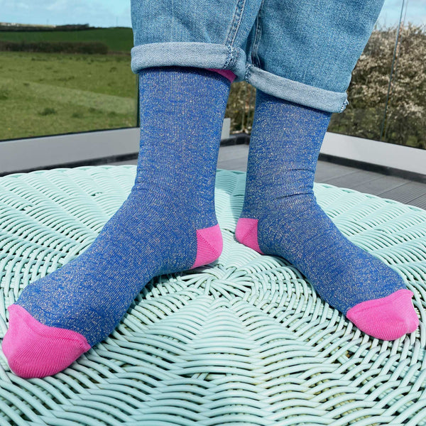 Ladies Bright Blue & Pink Glitter Organic Cotton Ankle Socks