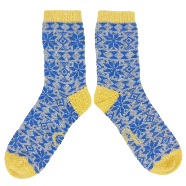 Ladies Grey & Blue Fair Isle Lambswool Ankle Socks
