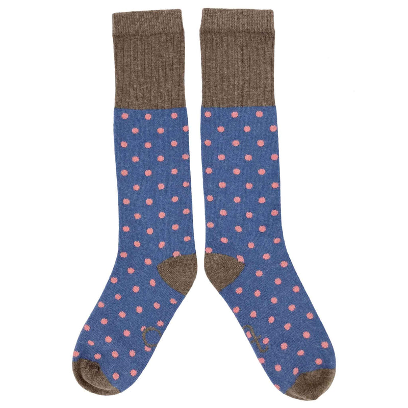 Ladies Denim & Coral Small Spot Lambswool Knee Socks