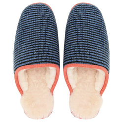 Green & Denim Stripe Lambswool & Sheepskin Slippers