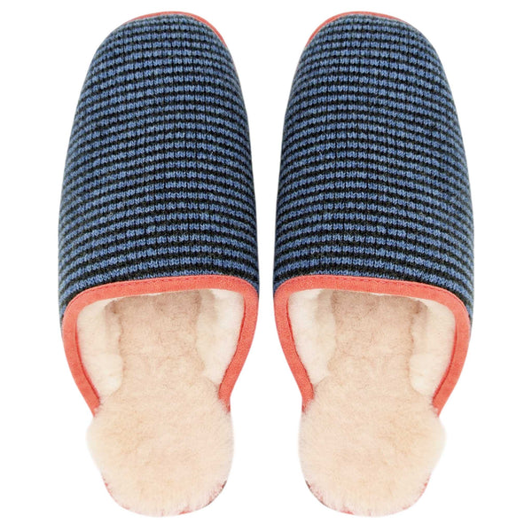Green & Denim Stripe Lambswool & Sheepskin Slippers
