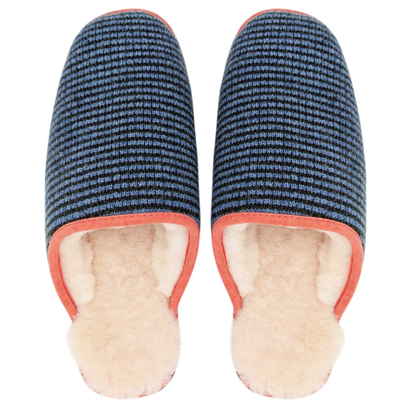 Green & Denim Stripe Lambswool & Sheepskin Slippers