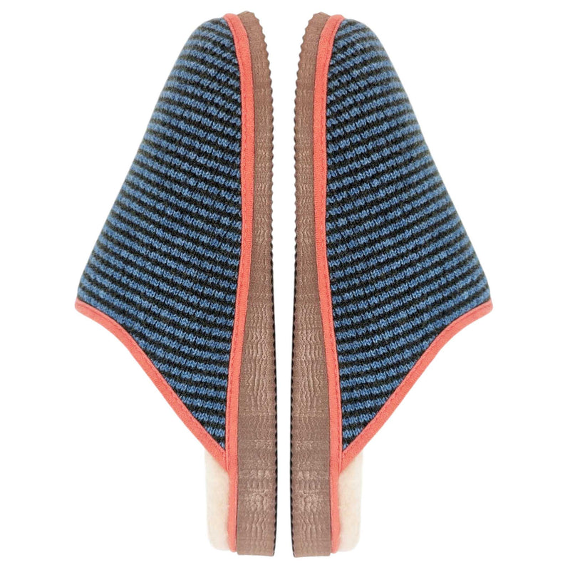 Green & Denim Stripe Lambswool & Sheepskin Slippers