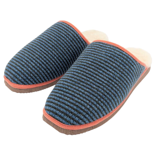 Pure Sheepskin Mule Slippers - Knitted Lambswool Denim Blue & Green Stripe
