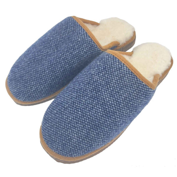 cosy sheepskin lined slippers with a blue check lambswool  upper