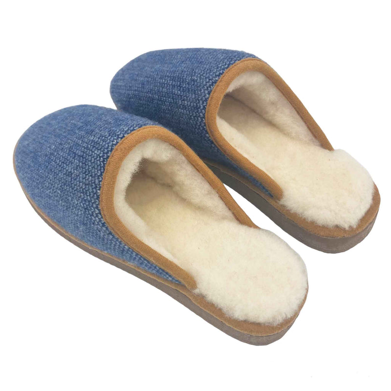 cosy sheepskin lined slippers with a blue check lambswool  upper