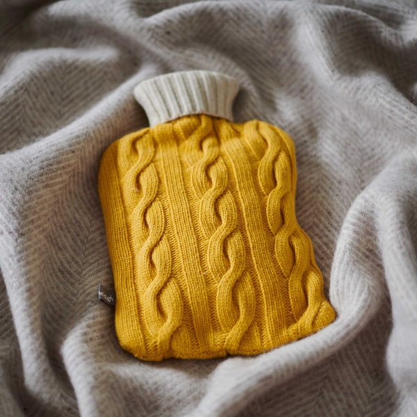 Cashmere Blend Cable Knit Hot Water Bottle Cover - Yellow & Oatmeal