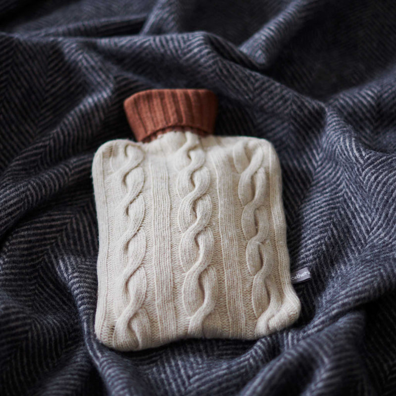Cashmere Blend Cable Knit Hot Water Bottle Cover - Oatmeal & Copper