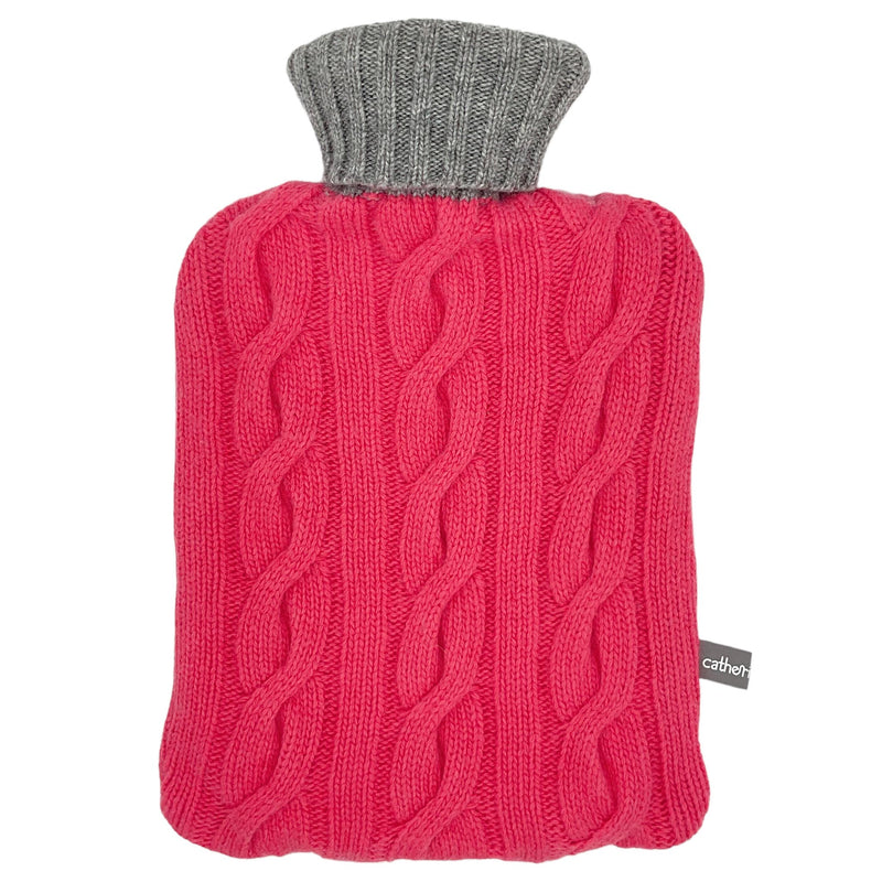 Cashmere Blend Cable Knit Hot Water Bottle Cover - Coral & Grey
