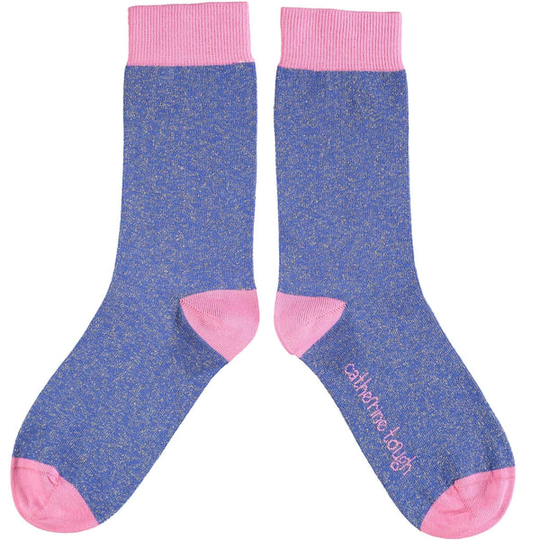 Ladies Bright Blue & Pink Glitter Organic Cotton Ankle Socks