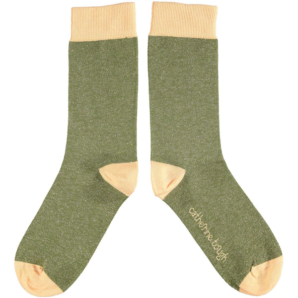 Ladies Khaki & Peach Glitter Organic Cotton Ankle Socks