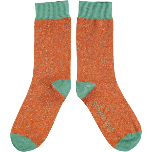 Ladies Orange & Jade Glitter Organic Cotton Ankle Socks