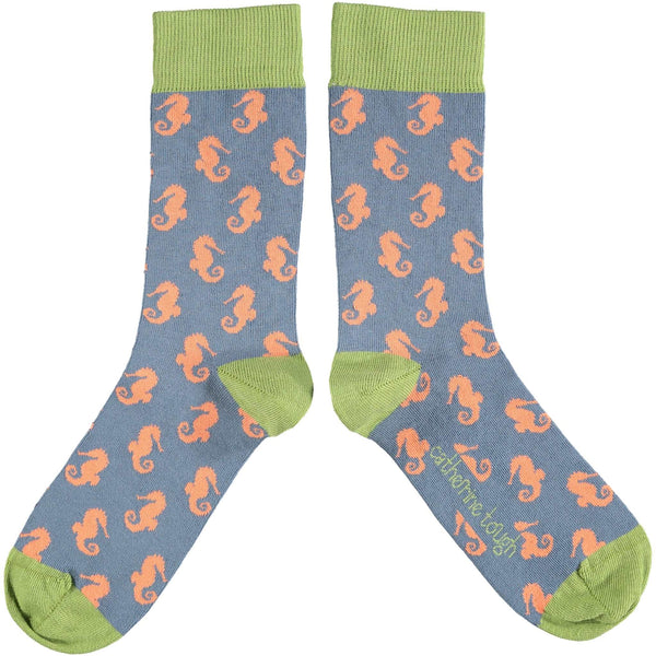 Ladies Smoky Blue Seahorse Organic Cotton Ankle Socks