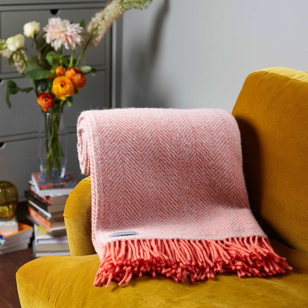 Coral Herringbone Wool Throw