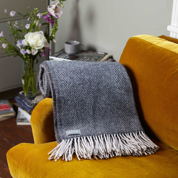 Charcoal Grey Herringbone Wool Throw