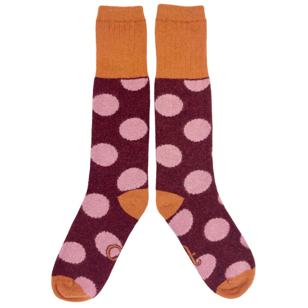 Ladies Dark Red Big Spot Lambswool Knee Socks for women