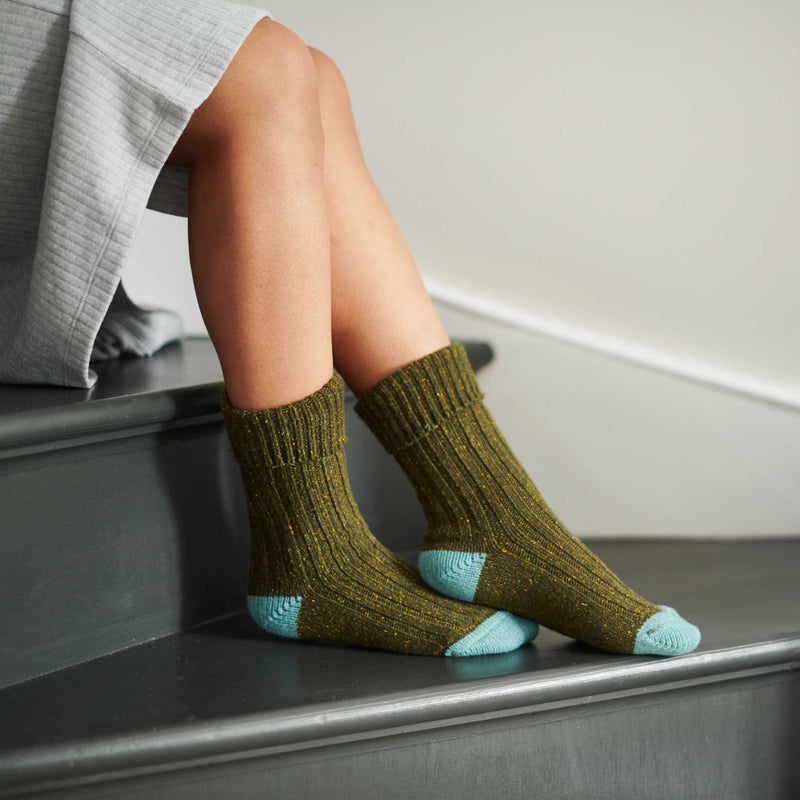 Unisex Dark Green & Jade  Recycled Silk Blend Chunky Socks