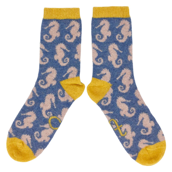 Ladies Bright Blue Seahorse Lambswool Ankle Socks