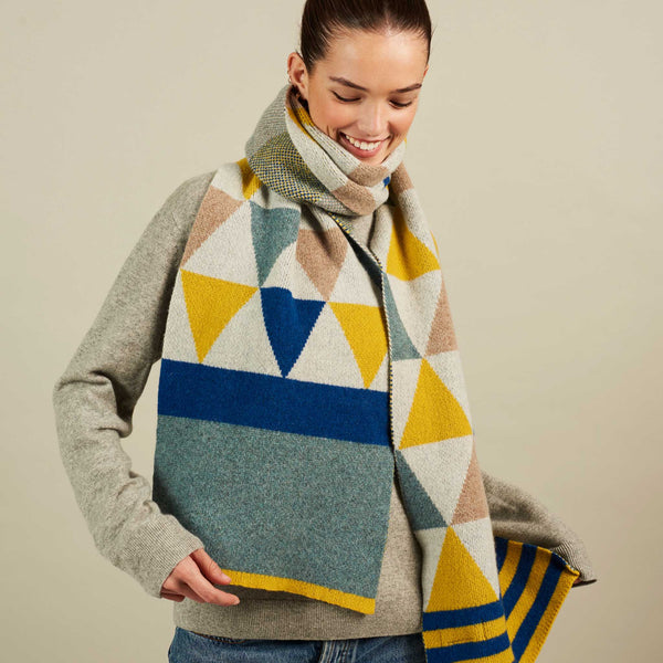 Electric Yellow Marine Blue Triangle Stripe Lambswool Scarf