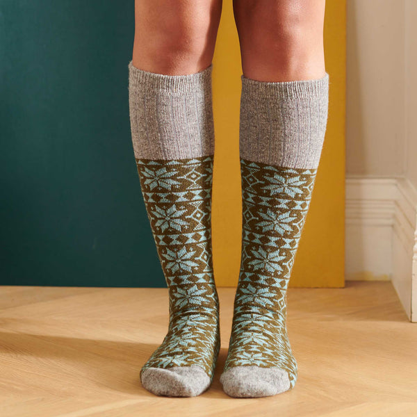 Women's Fir-Green & Jade Fair Isle Lambswool Knee Socks