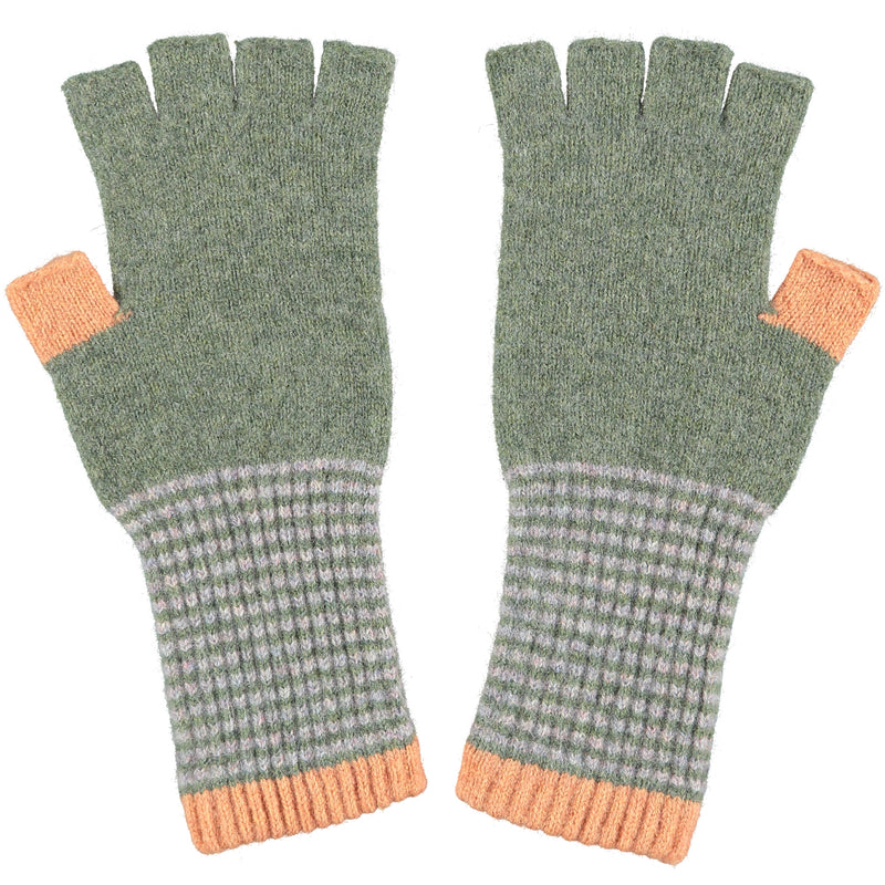 Women's Moss Green & Peach Lambswool Fingerless Gloves