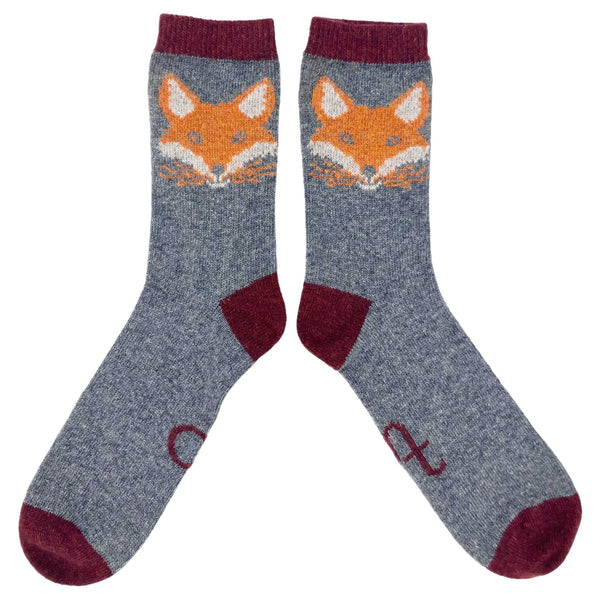 Men's Grey Fox Face Lambswool Ankle Socks