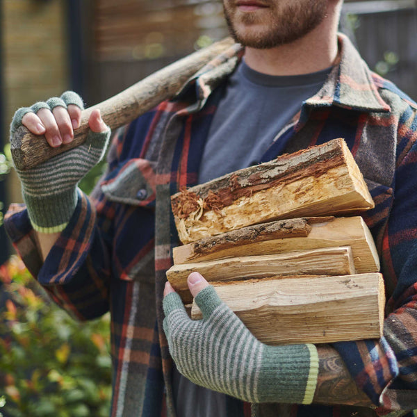 Man holding an axe and a stack of wood in his other hand, wearing a plaid jacket and green gloves.