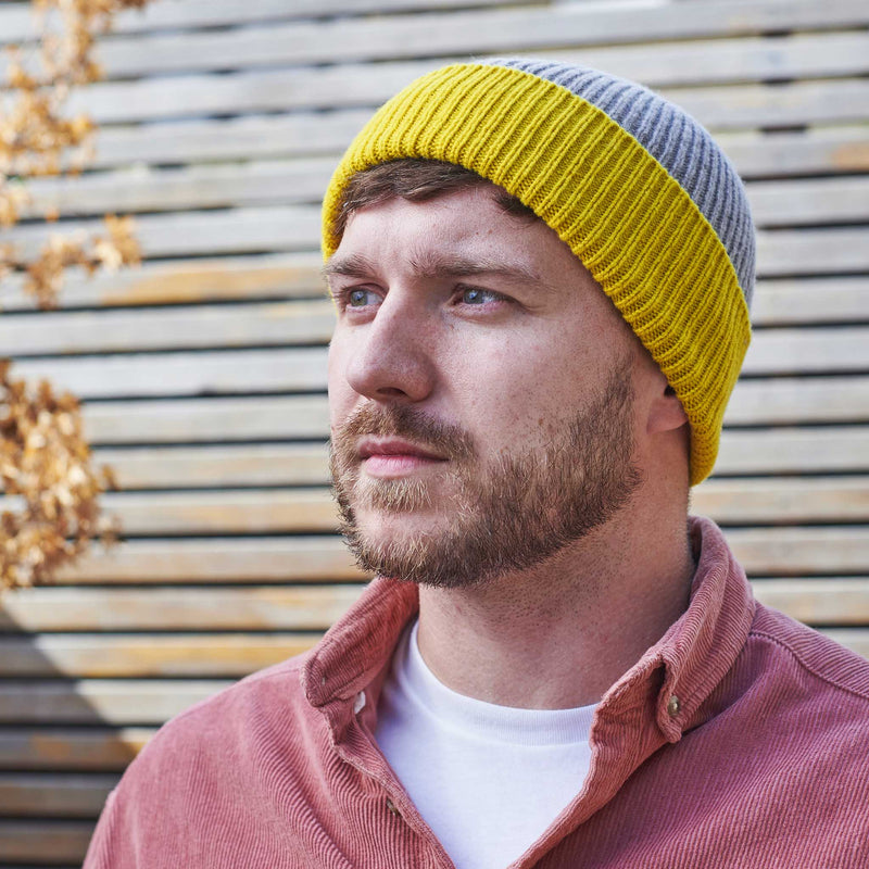 Soft Brown & Electric Yellow Ribbed Lambswool Unisex Beanie