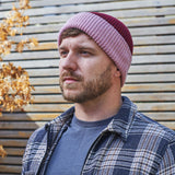 Dark Red & Dusky Pink Ribbed Lambswool Unisex Beanie