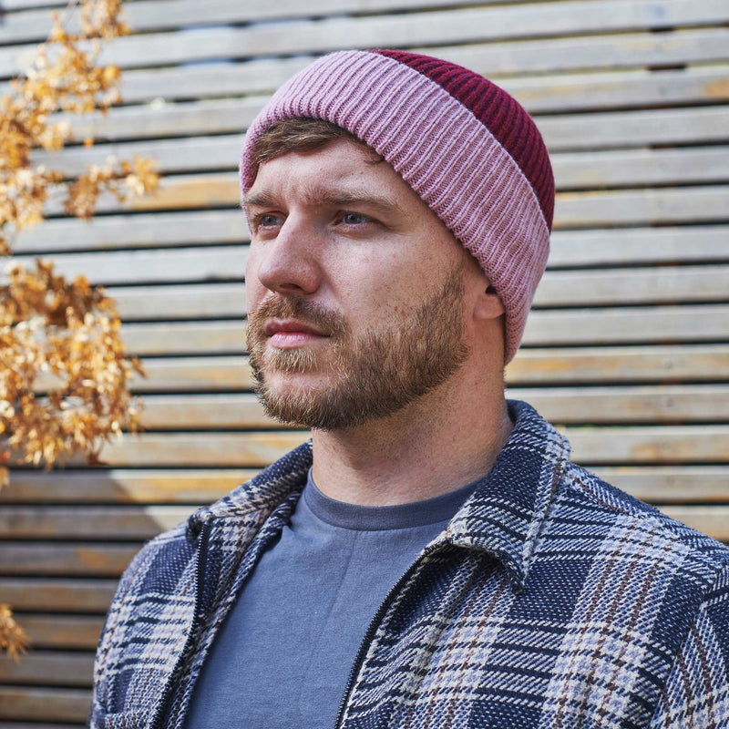 Dark Red & Dusky Pink Ribbed Lambswool Unisex Beanie