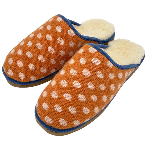 Pure Sheepskin Mule Slippers - Knitted Lambswool Orange & Pink Spot Pattern