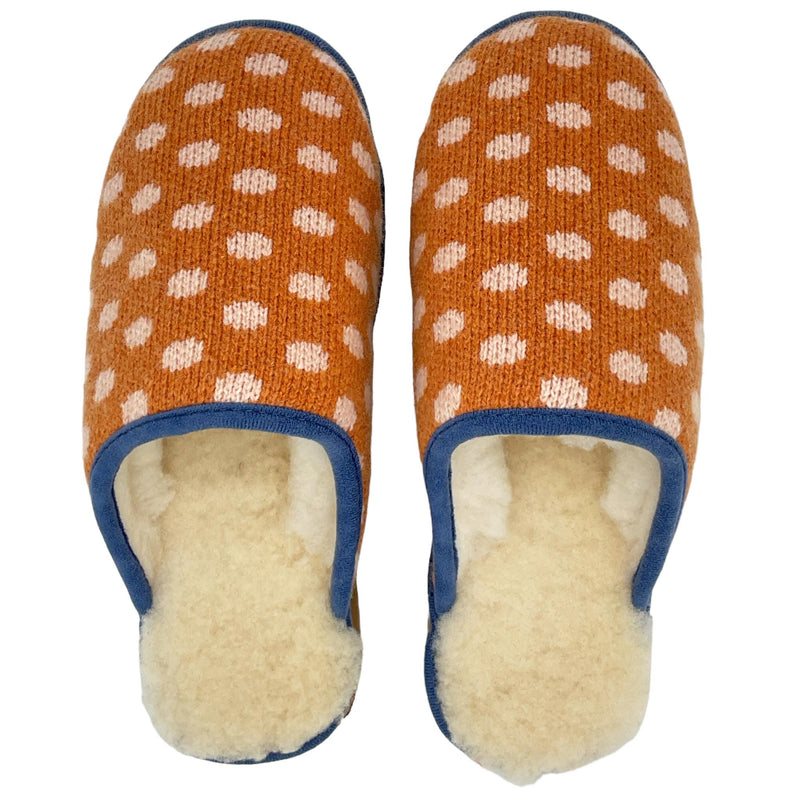 Rust & Light Pink Spot Lambswool & Sheepskin Slippers