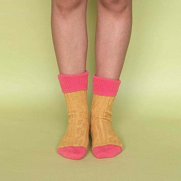 Golden Yellow & Coral Cashmere Blend Slouch Socks