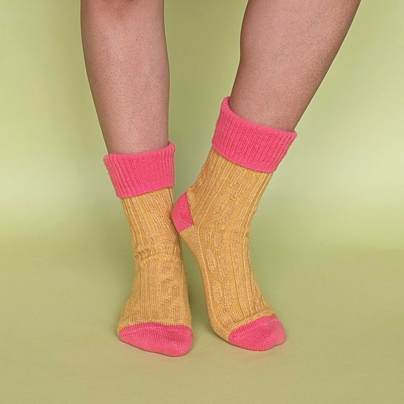 Golden Yellow & Coral Cashmere Blend Slouch Socks