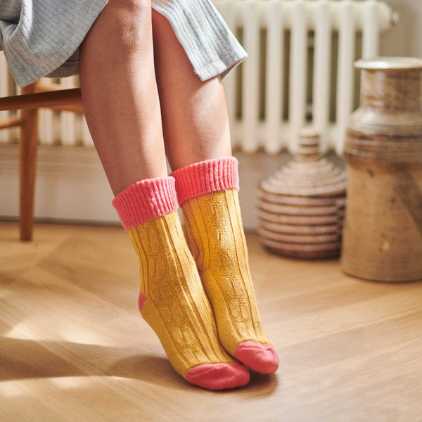 Golden Yellow & Coral Cashmere Blend Slouch Socks