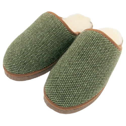 Pure Sheepskin Mule Slippers - Knitted Lambswool Green Check Pattern