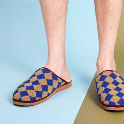 Pure Sheepskin Mule Slippers - Knitted Lambswool Navy Diamond Pattern