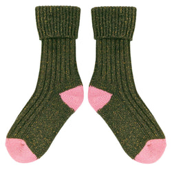 Unisex Dark Green & Pink Recycled Silk Blend Chunky Socks