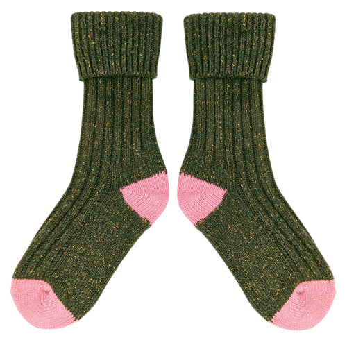 Unisex Recycled Silk Blend Chunky Socks - Dark Green & Pink