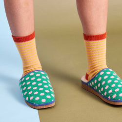 Pure Sheepskin Mule Slippers - Knitted Lambswool  Green & Pink Spot Pattern