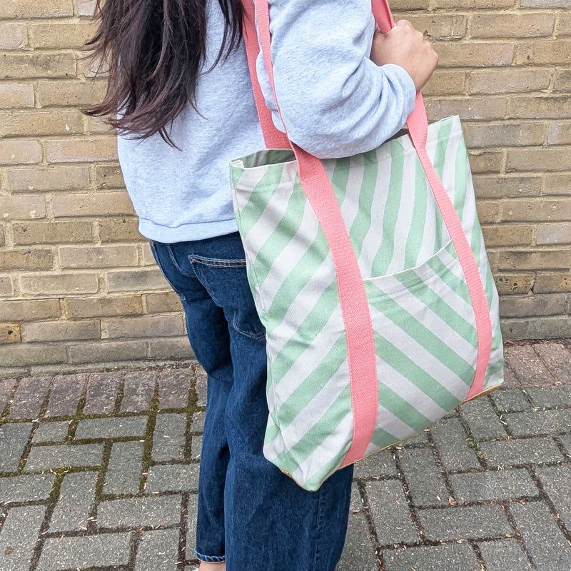 Green Stripe Cotton Tote Shopper Bag