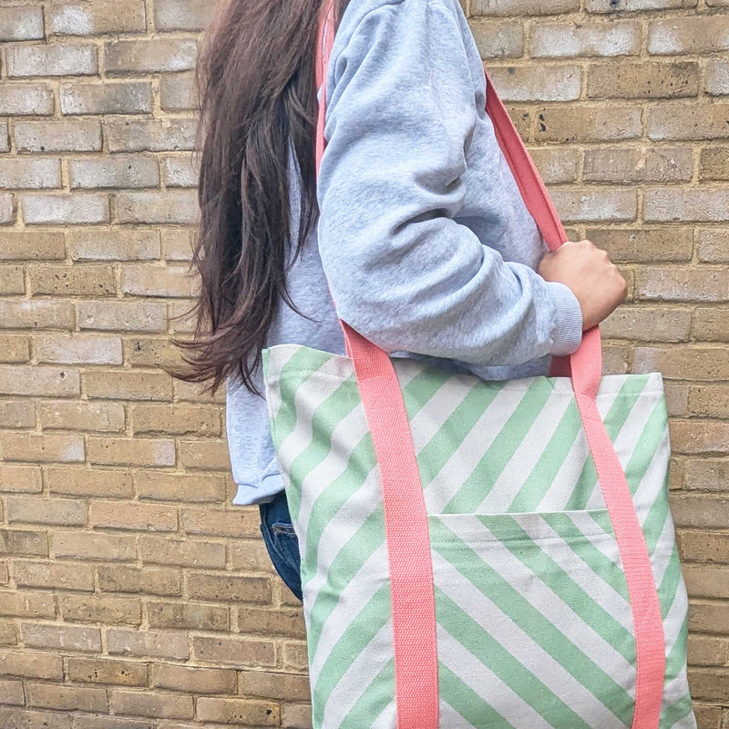 Green Stripe Cotton Tote Shopper Bag
