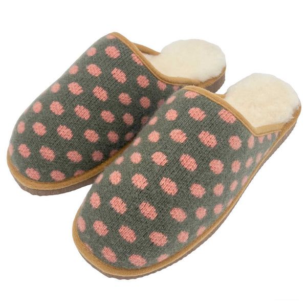 green and pink spot slippers lined with real sheepskin