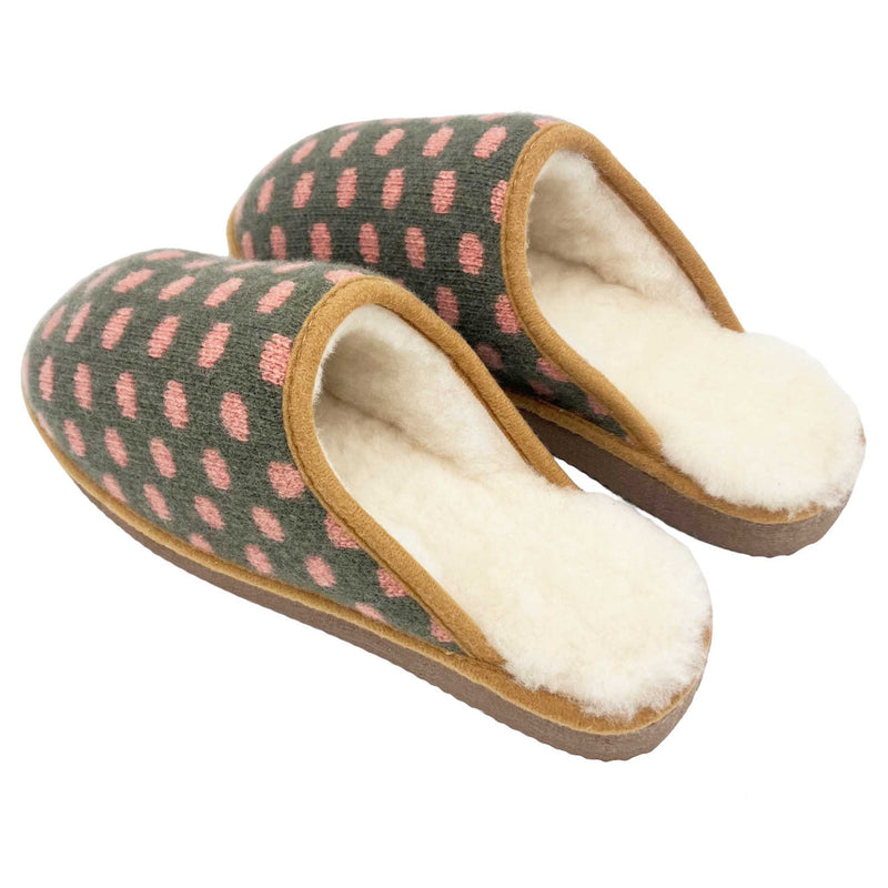 green and pink spot slippers lined with real sheepskin