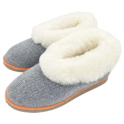 cosy sheepskin lined boots with  a grey check knitted lambswool upper