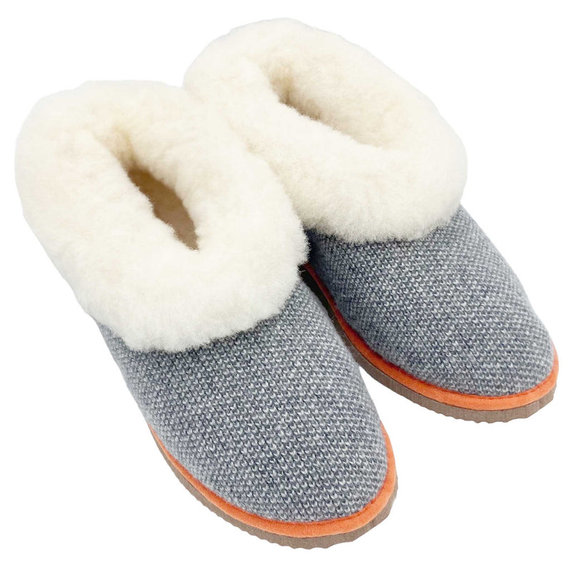 cosy sheepskin lined boots with  a grey check knitted lambswool upper