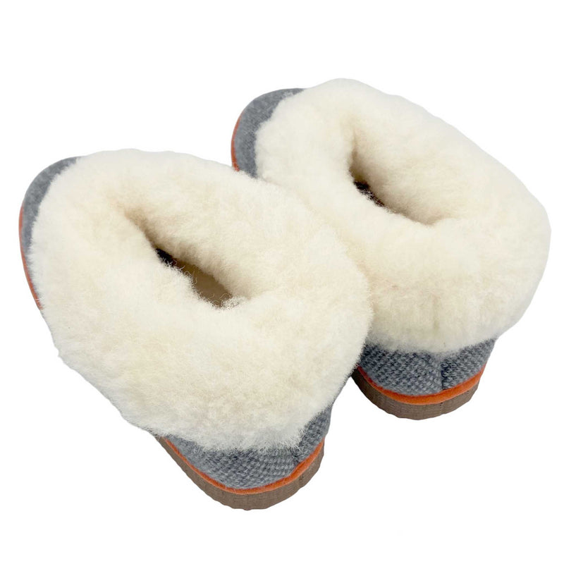 cosy sheepskin lined boots with  a grey check knitted lambswool upper
