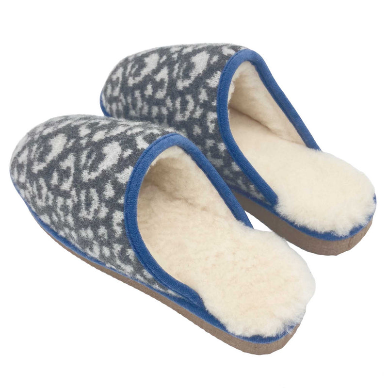 cosy sheepskin lined grey leopard print slippers