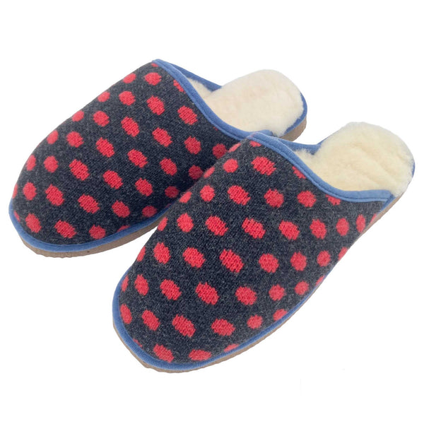 grey and red dot knitted slippers lined with sheepskin