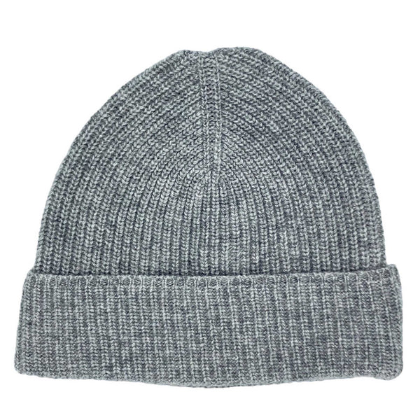 soft grey unisex cashmere mix beanie knitted in a rib design 